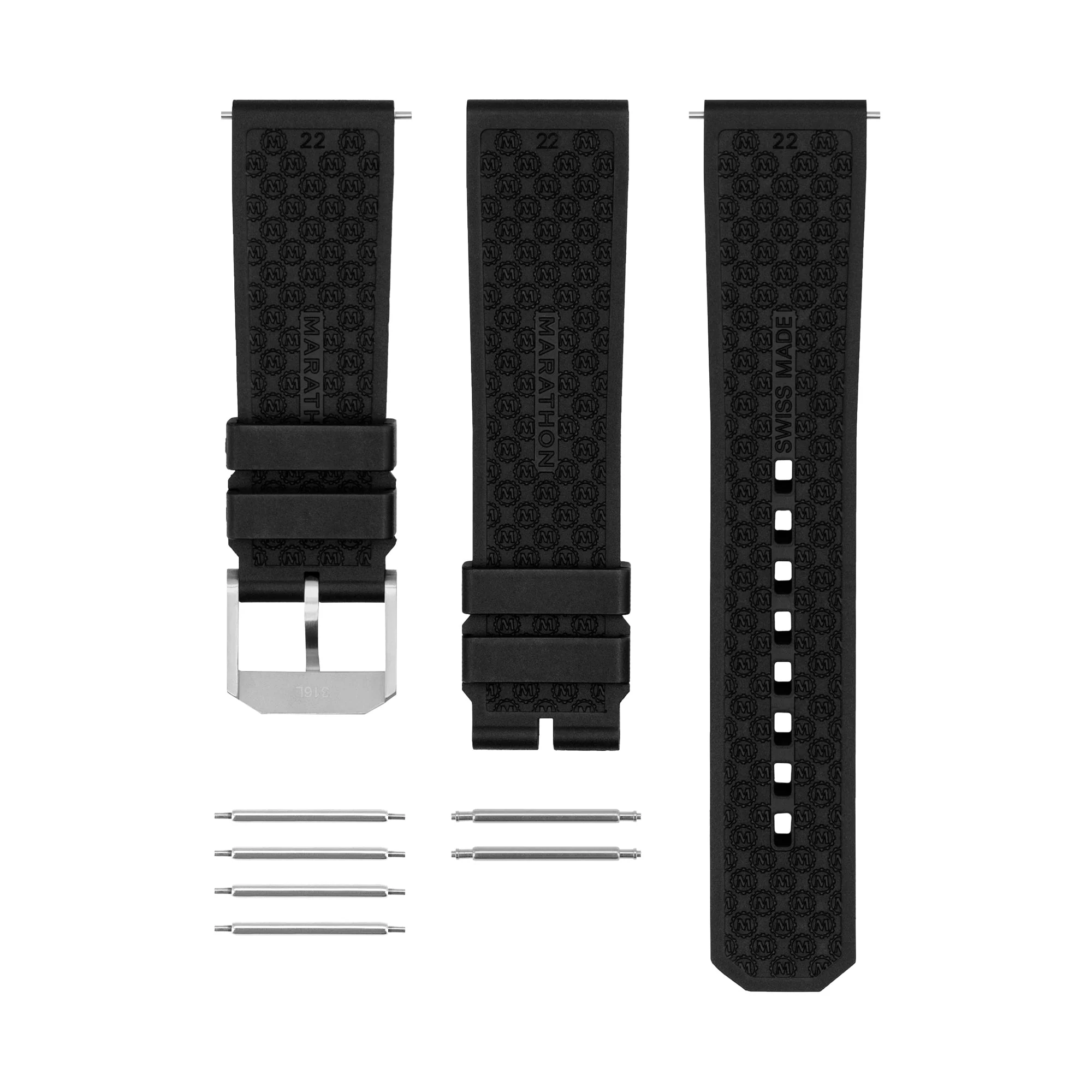 3-Piece Rubber Strap Kit, Black, 22mm