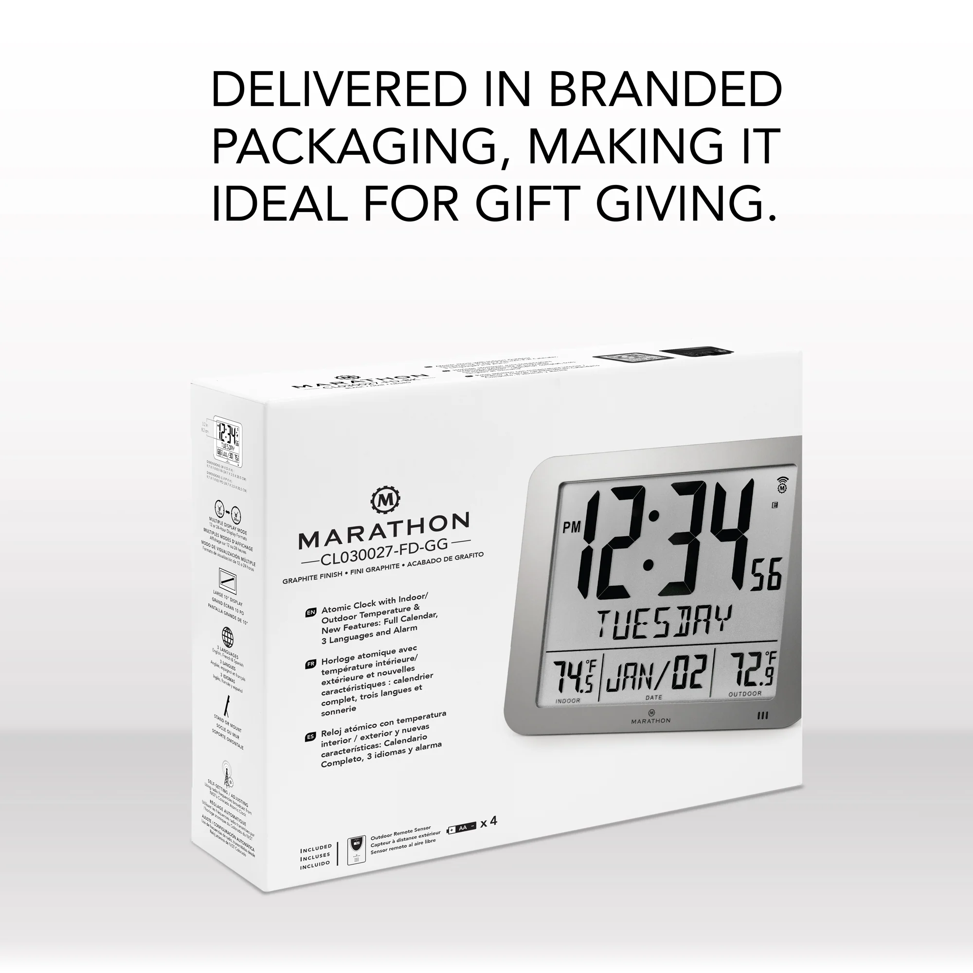 Slim Self-Setting Full Calendar Wall Clock with Indoor/Outdoor Temperature