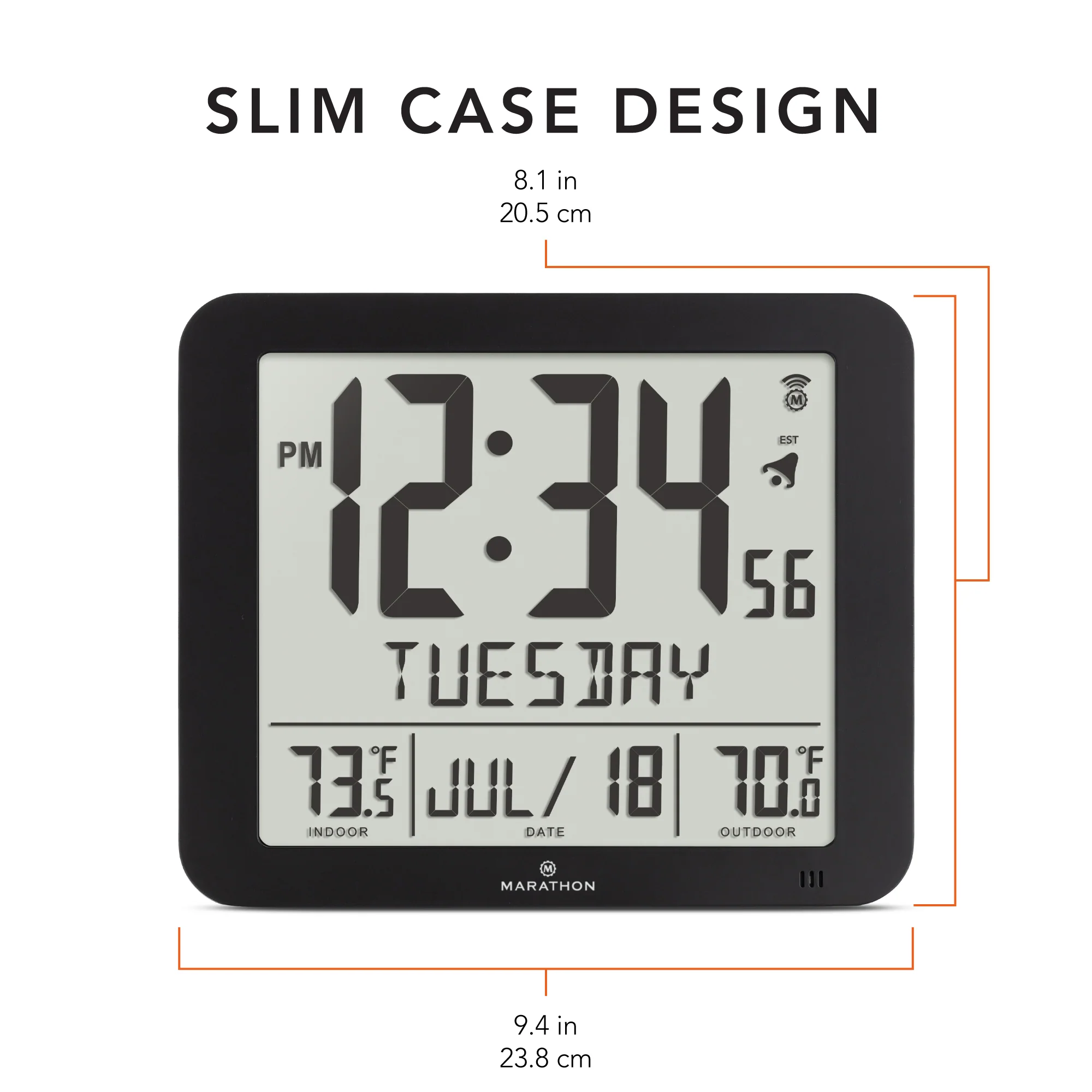 Slim Self-Setting Full Calendar Wall Clock with Indoor/Outdoor Temperature