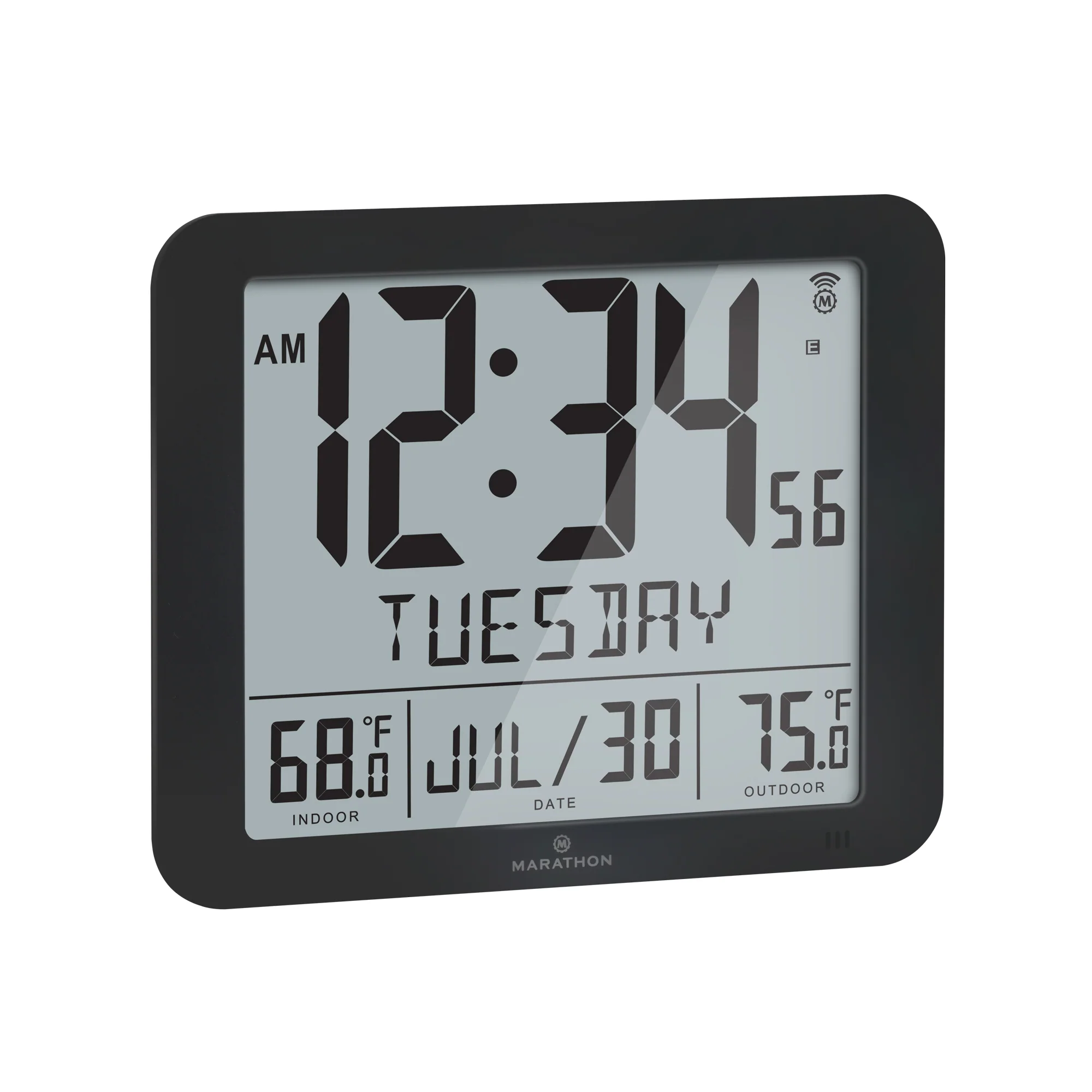Slim Self-Setting Full Calendar Wall Clock with Indoor/Outdoor Temperature