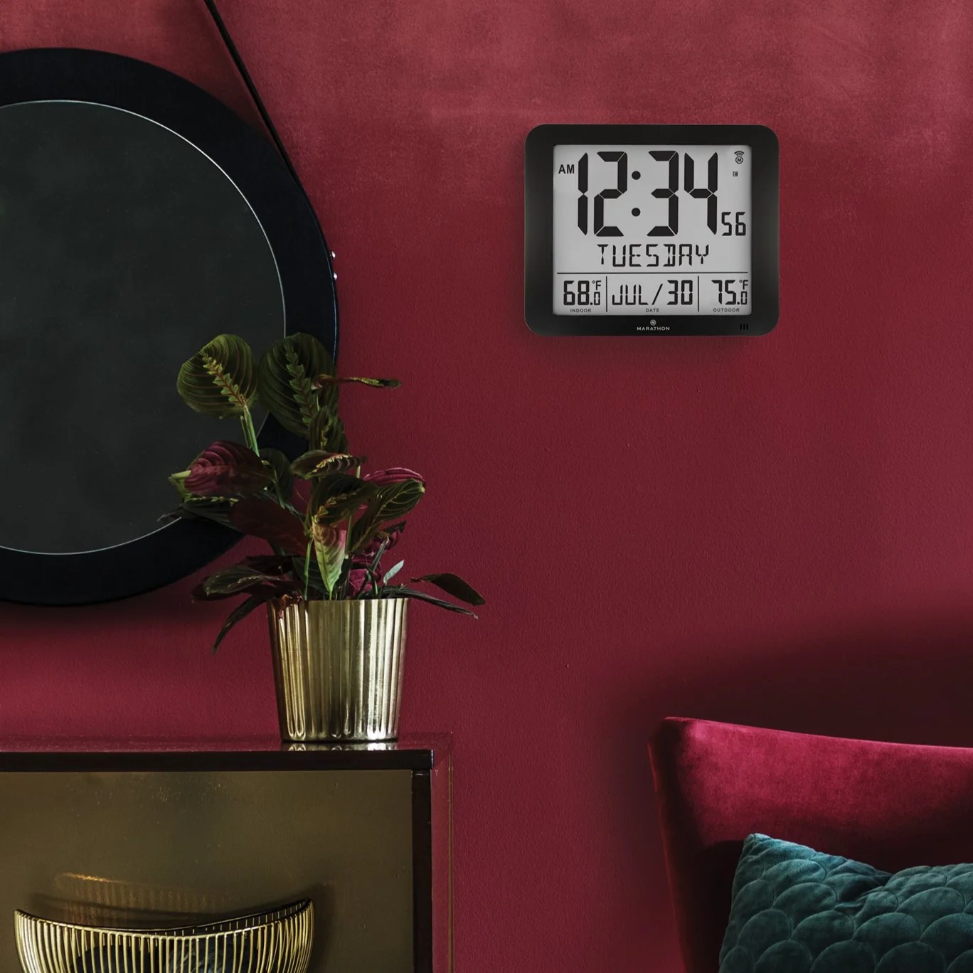Slim Self-Setting Full Calendar Wall Clock with Indoor/Outdoor Temperature