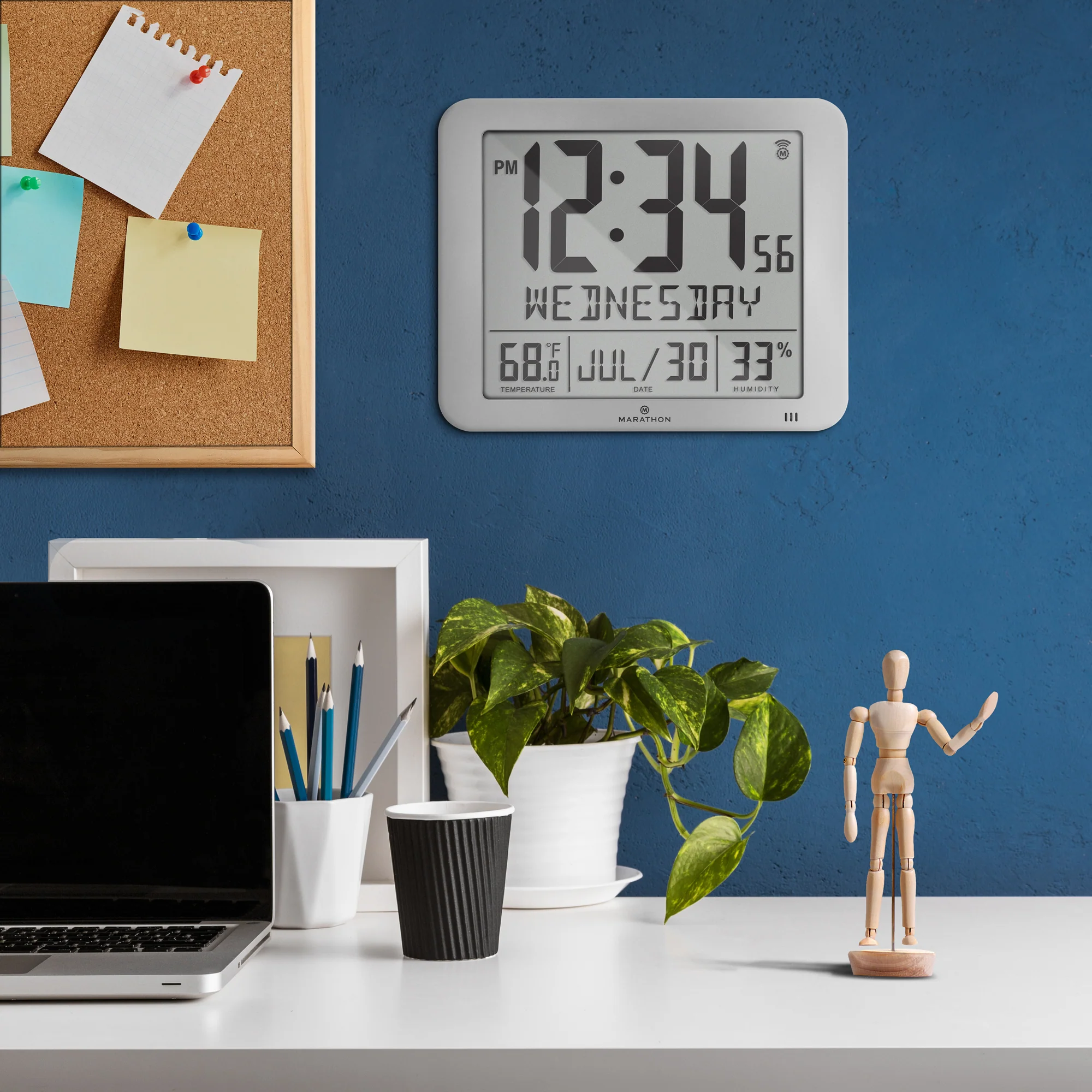 Slim Self-Setting Wall Clock with Full Calendar Display, Temperature & Humidity