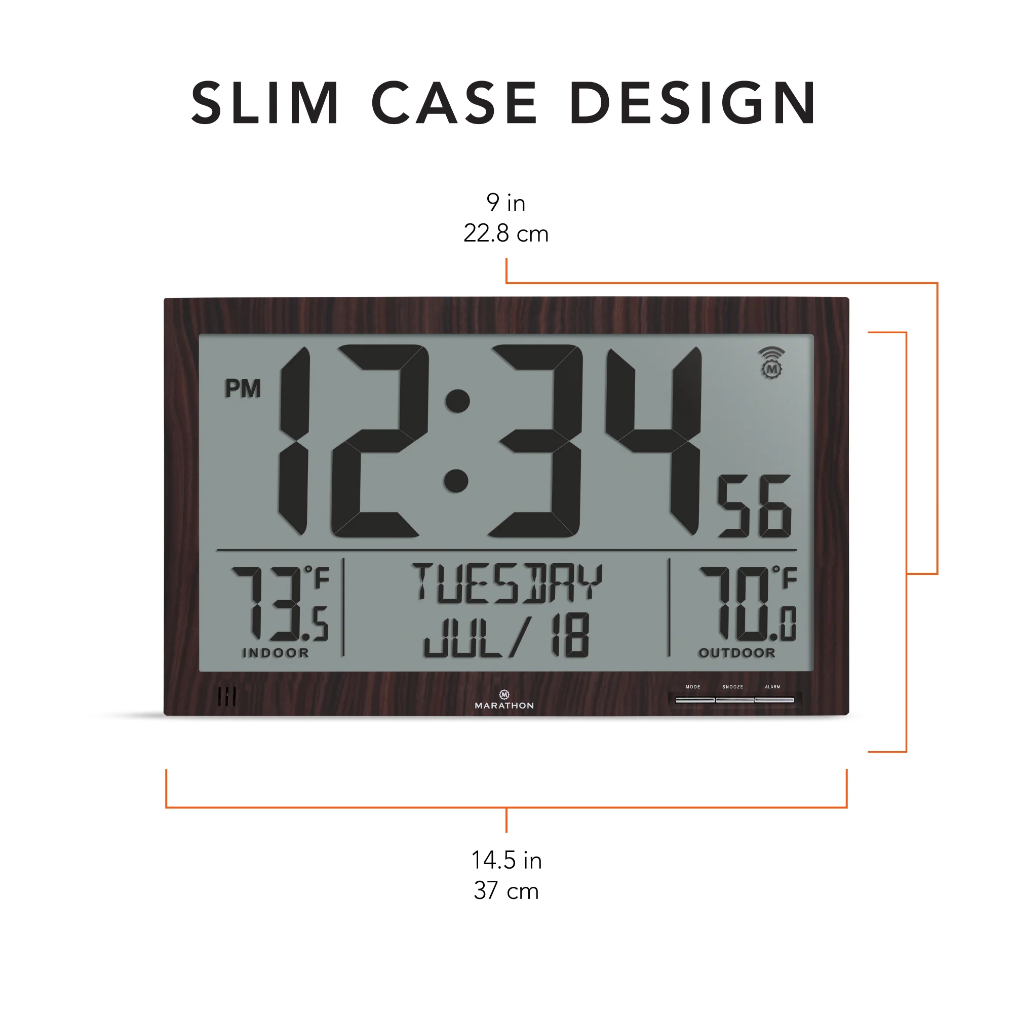 Self-Setting Full Calendar Clock with Extra Large Digits Indoor and Outdoor Temperature - Wood Finish