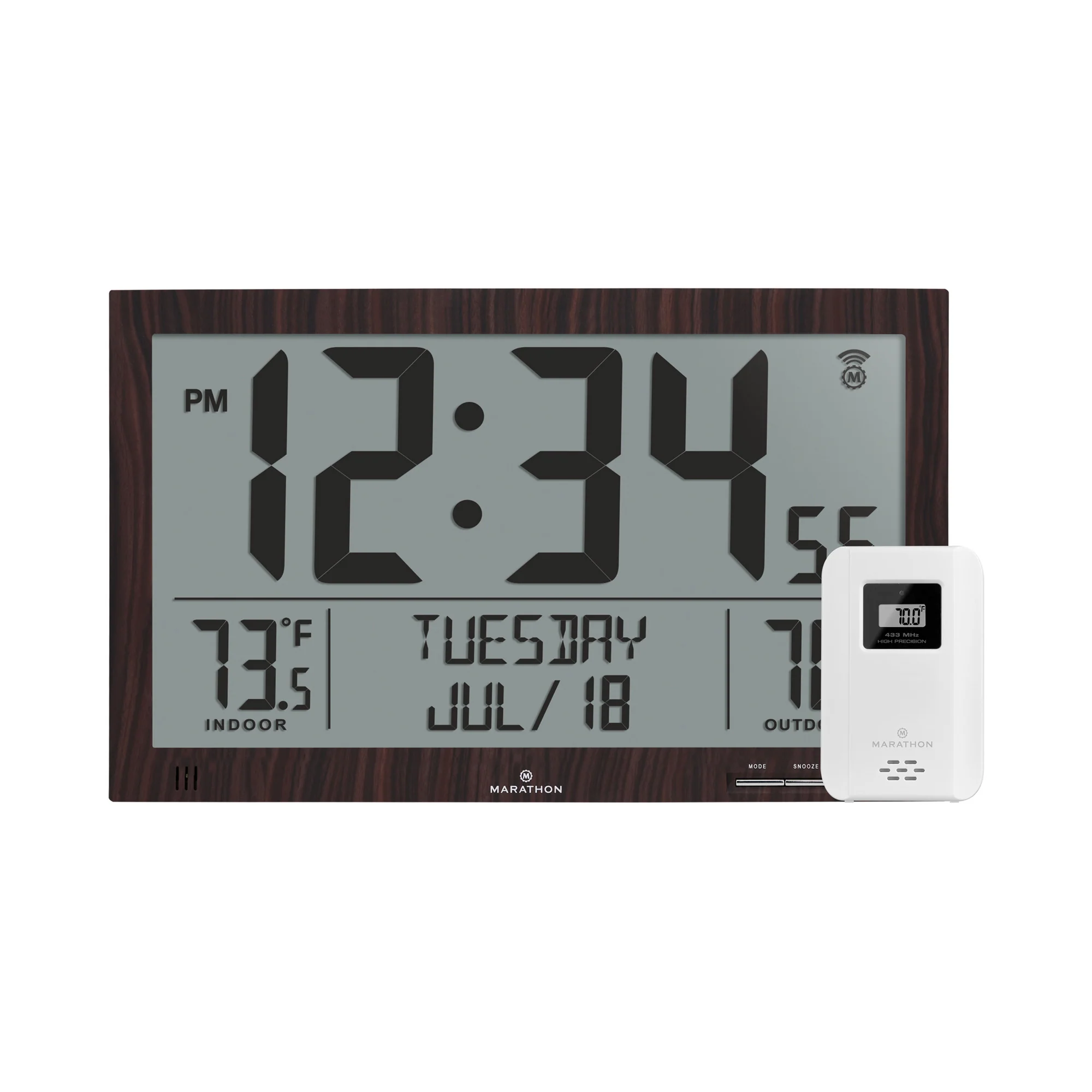 Self-Setting Full Calendar Clock with Extra Large Digits Indoor and Outdoor Temperature - Wood Finish 1 Self-Setting Full Calendar Clock with Extra Large Digits Indoor and Outdoor Temperature - Wood Finish