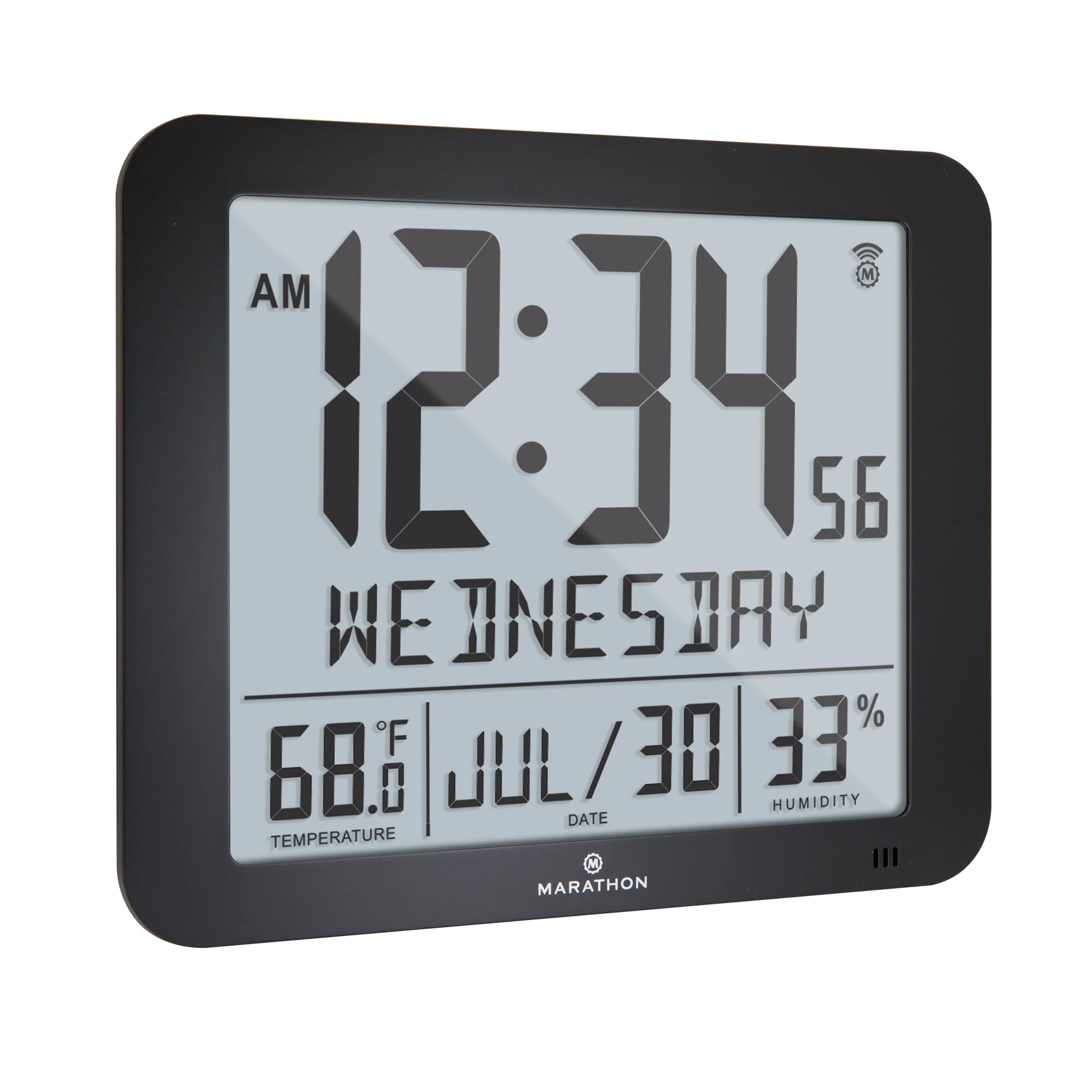 Slim Self-Setting Wall Clock with Full Calendar Display, Temperature & Humidity 12 Slim Self-Setting Wall Clock with Full Calendar Display, Temperature & Humidity