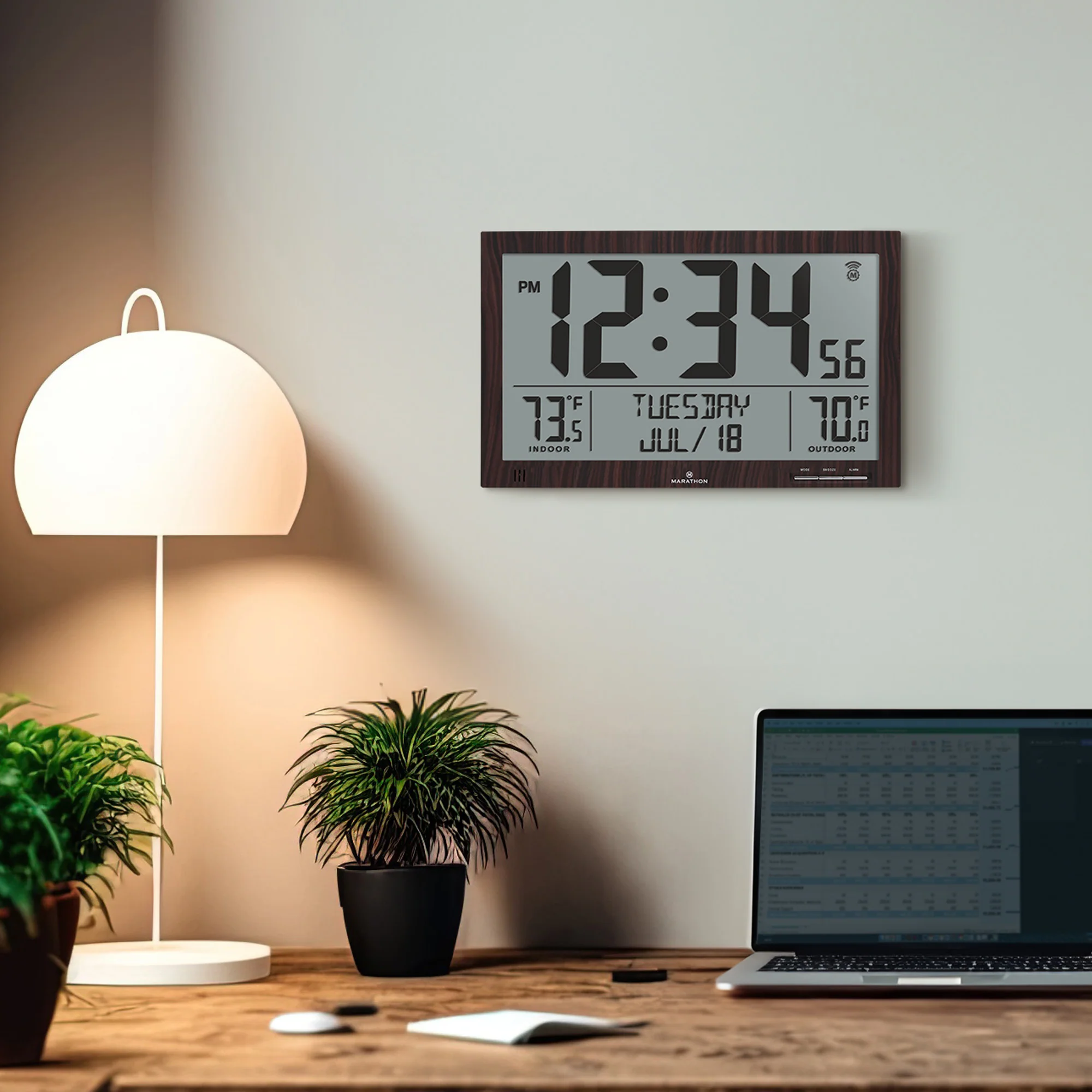 Self-Setting Full Calendar Clock with Extra Large Digits Indoor and Outdoor Temperature - Wood Finish