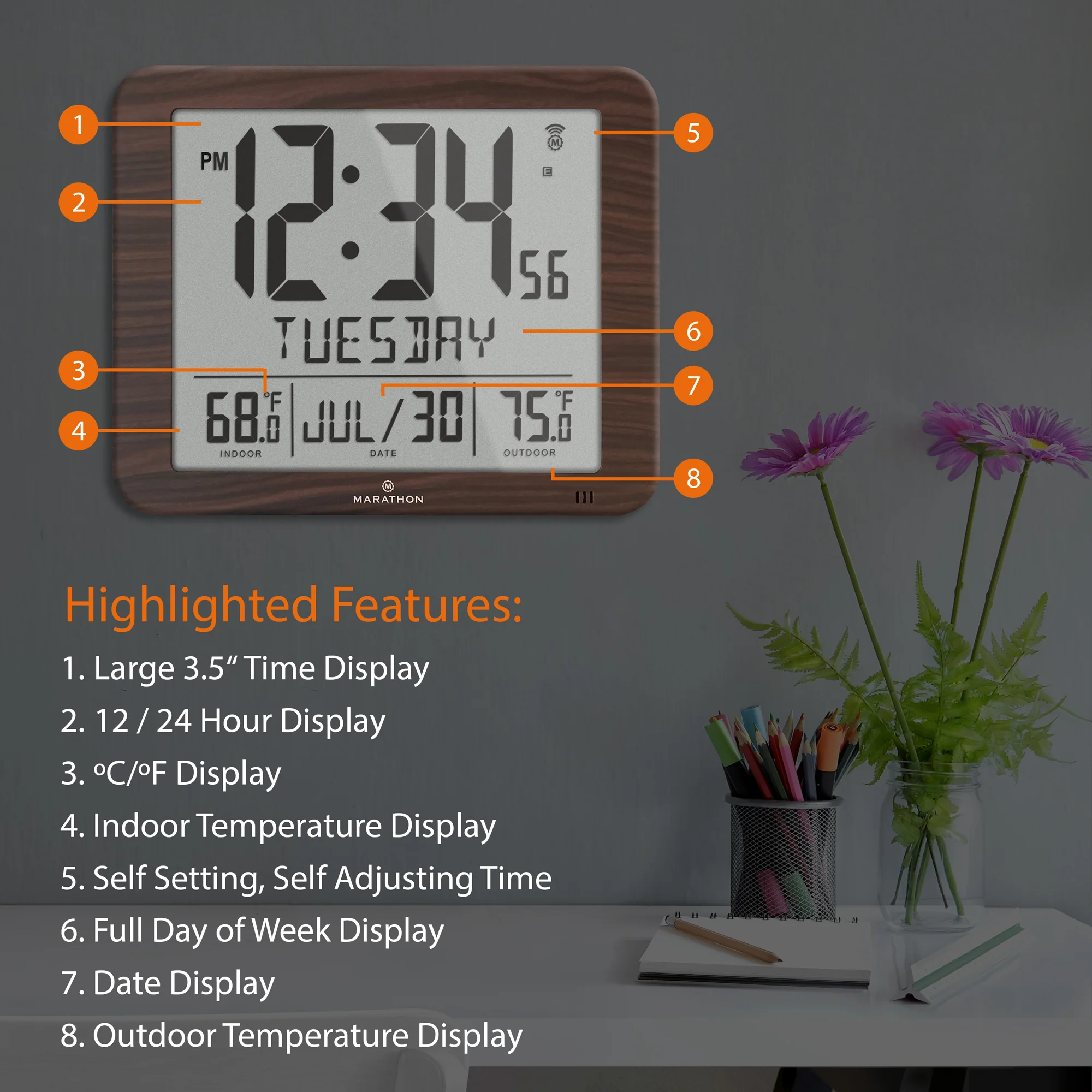 Slim Self-Setting Full Calendar Wall Clock with Indoor/Outdoor Temperature