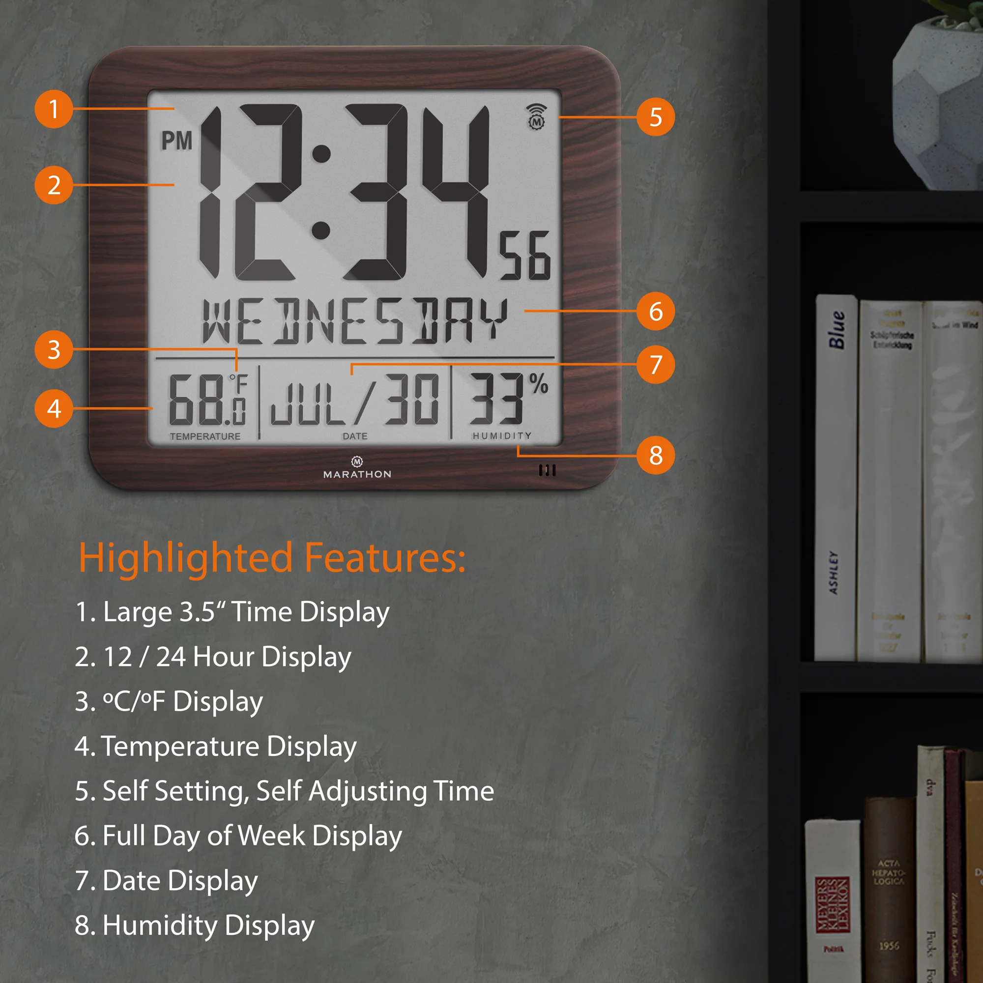 Slim Self-Setting Wall Clock with Full Calendar Display, Temperature & Humidity