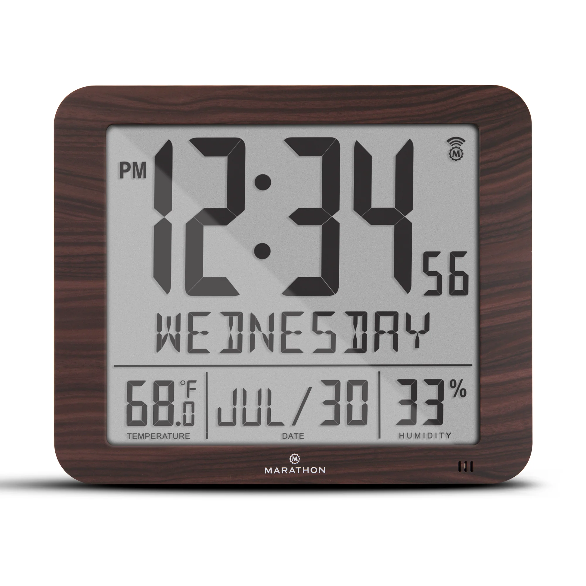 Slim Self-Setting Wall Clock with Full Calendar Display, Temperature & Humidity 1 Slim Self-Setting Wall Clock with Full Calendar Display, Temperature & Humidity