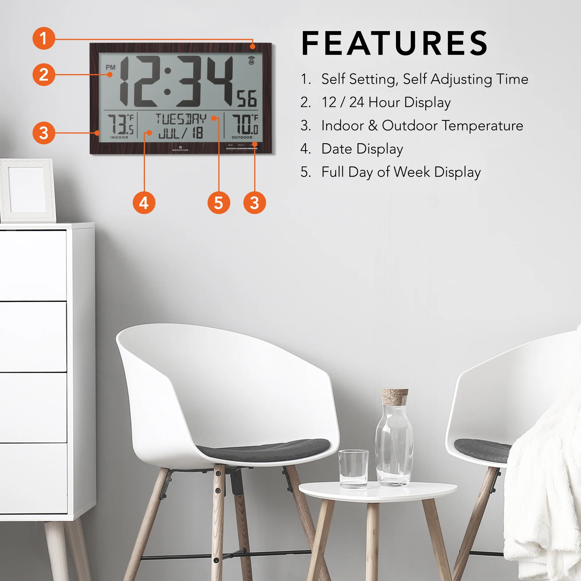 Self-Setting Full Calendar Clock with Extra Large Digits Indoor and Outdoor Temperature - Black 30 Self-Setting Full Calendar Clock with Extra Large Digits Indoor and Outdoor Temperature - Black