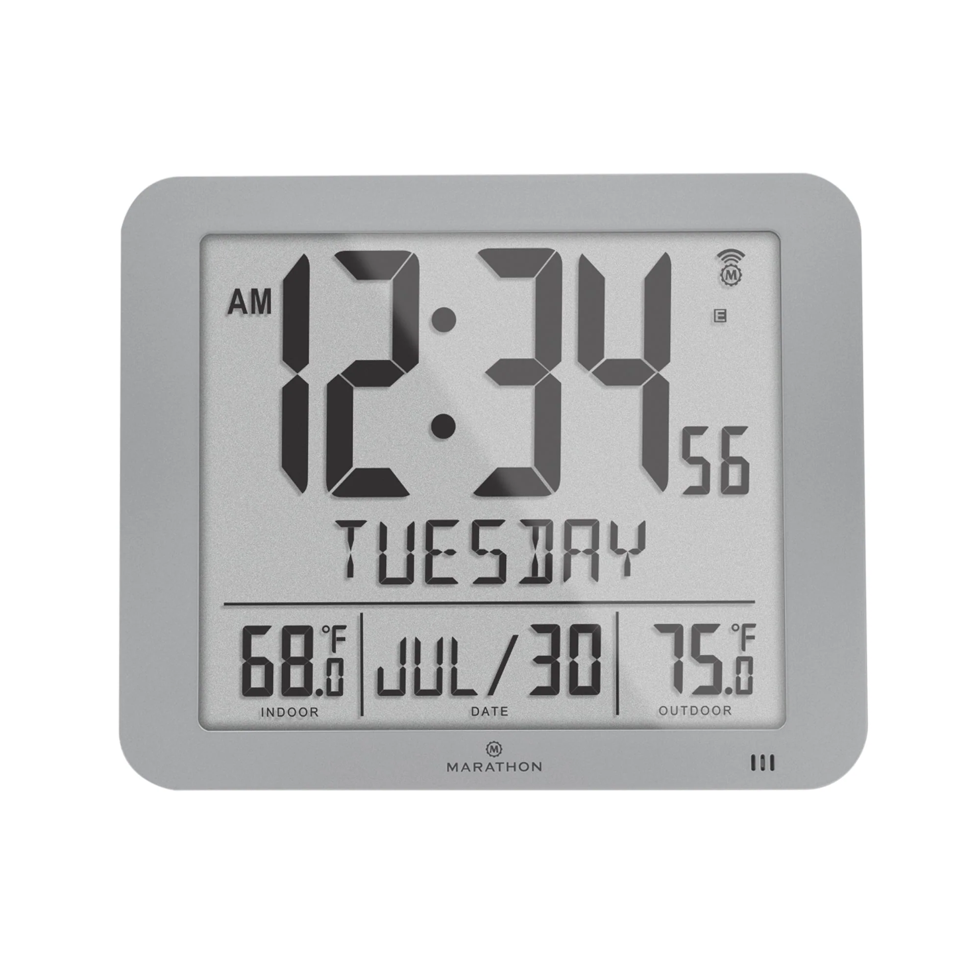 Slim Self-Setting Full Calendar Wall Clock with Indoor/Outdoor Temperature