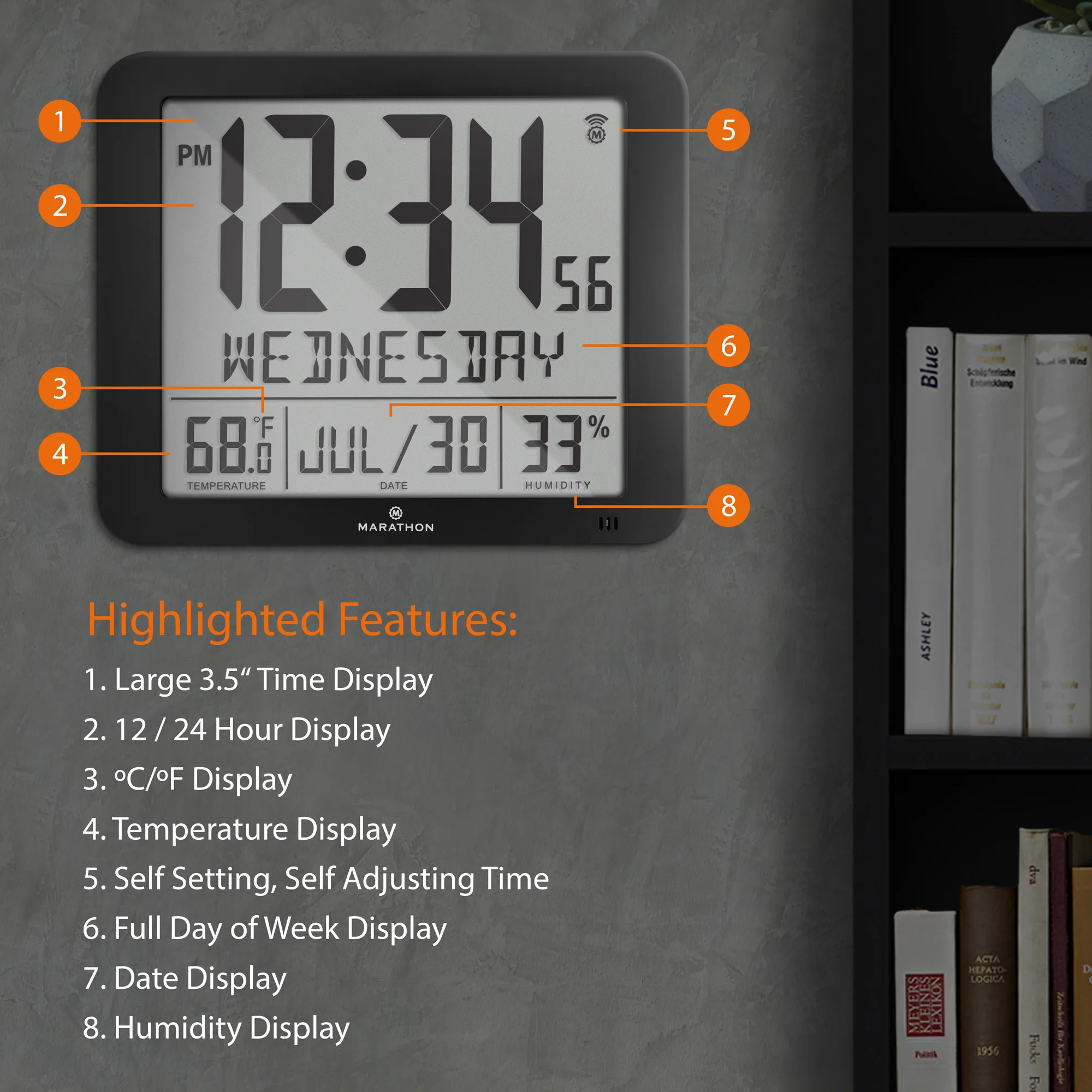 Slim Self-Setting Wall Clock with Full Calendar Display, Temperature & Humidity 16 Slim Self-Setting Wall Clock with Full Calendar Display, Temperature & Humidity