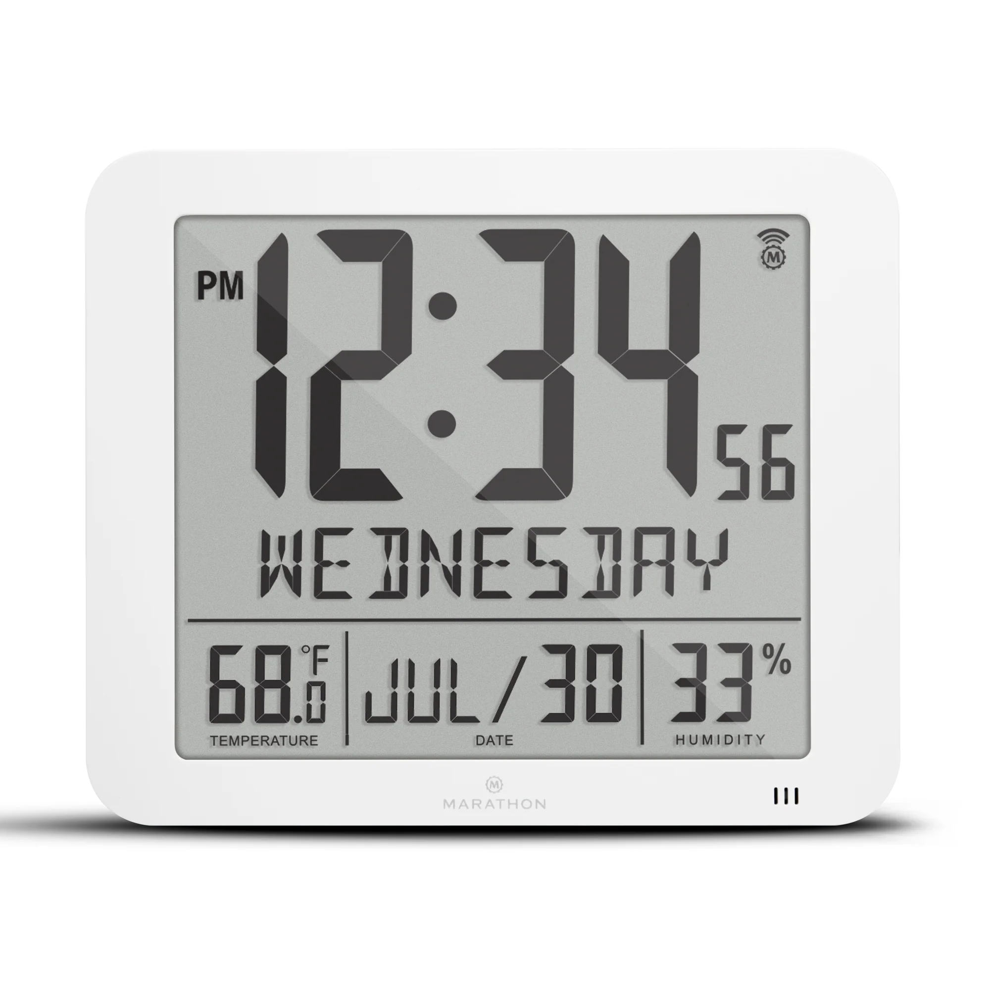 Slim Self-Setting Wall Clock with Full Calendar Display, Temperature & Humidity 30 Slim Self-Setting Wall Clock with Full Calendar Display, Temperature & Humidity