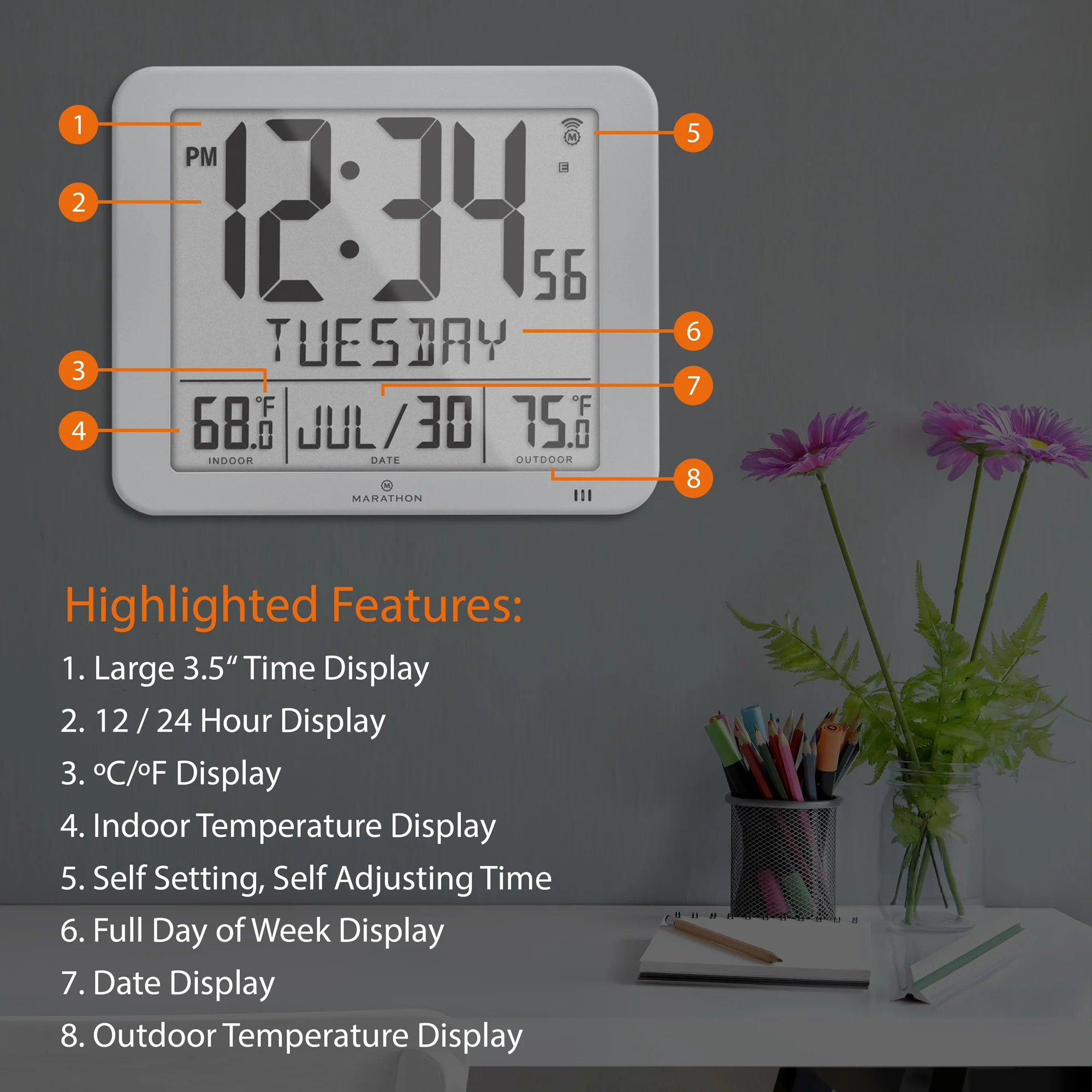 Slim Self-Setting Full Calendar Wall Clock with Indoor/Outdoor Temperature 13 Slim Self-Setting Full Calendar Wall Clock with Indoor/Outdoor Temperature