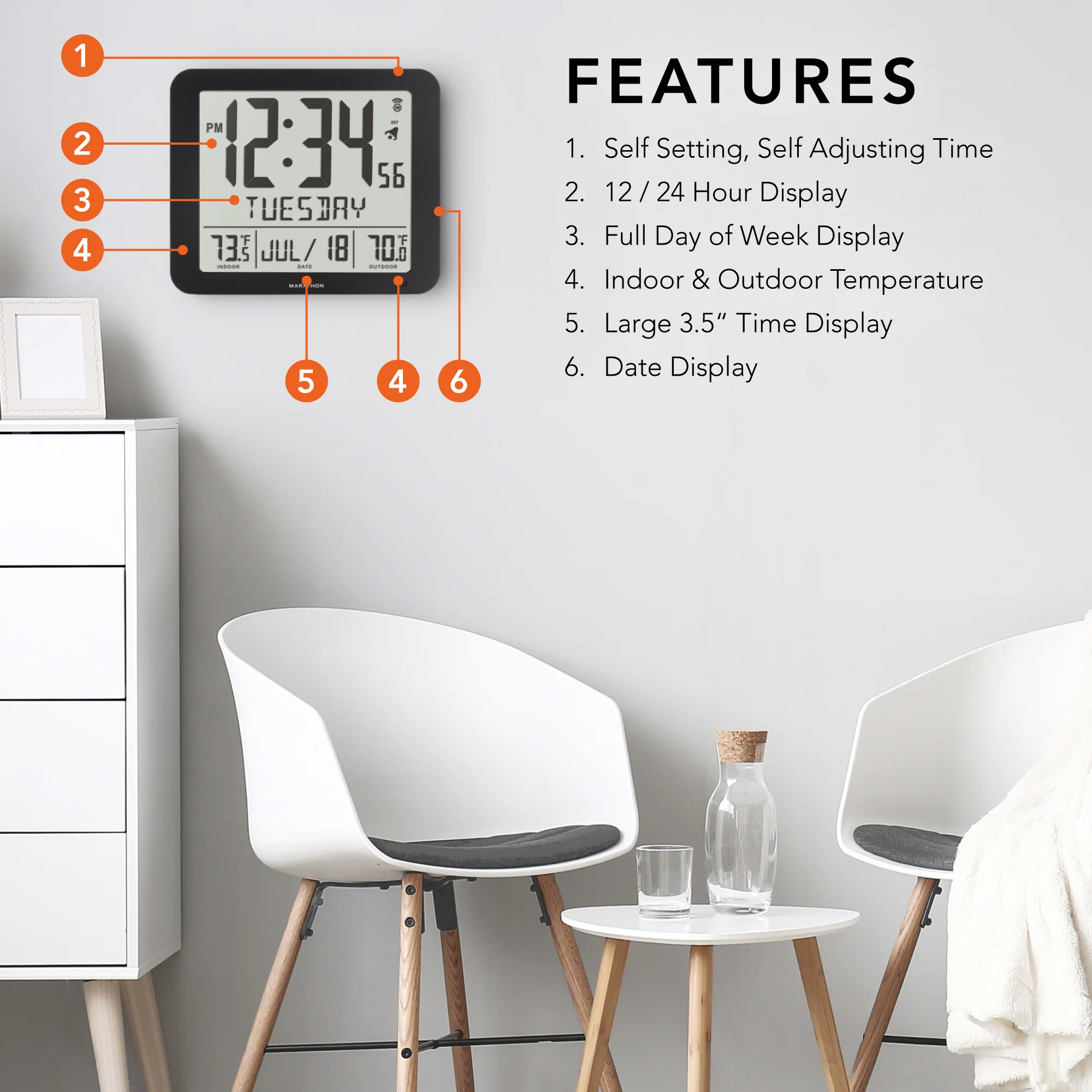 Slim Self-Setting Full Calendar Wall Clock with Indoor/Outdoor Temperature 6 Slim Self-Setting Full Calendar Wall Clock with Indoor/Outdoor Temperature