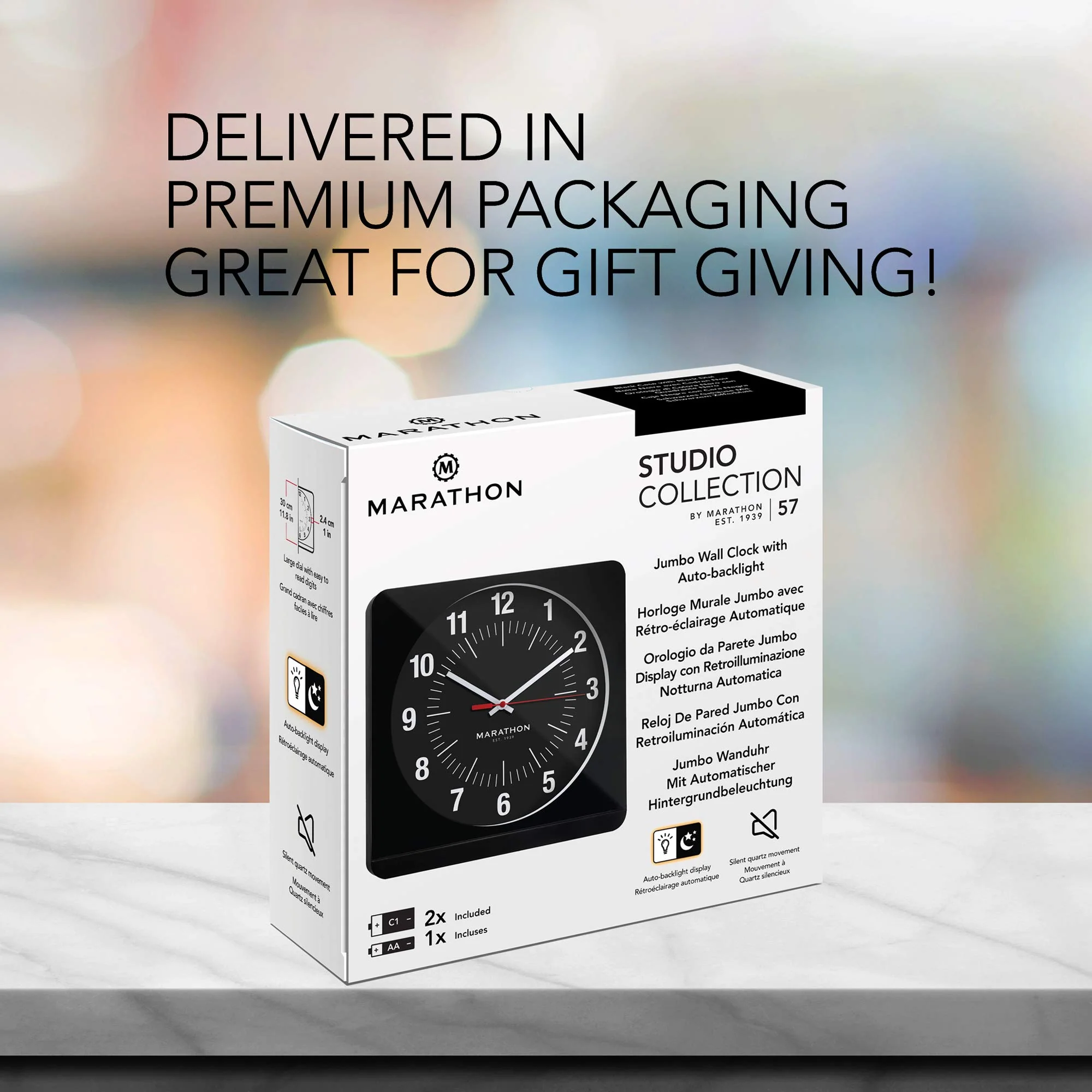 Studio Edition Jumbo 12 Inch Analog Wall Clock with Auto Backlight - Black/Black Dial 4 Studio Edition Jumbo 12 Inch Analog Wall Clock with Auto Backlight - Black/Black Dial