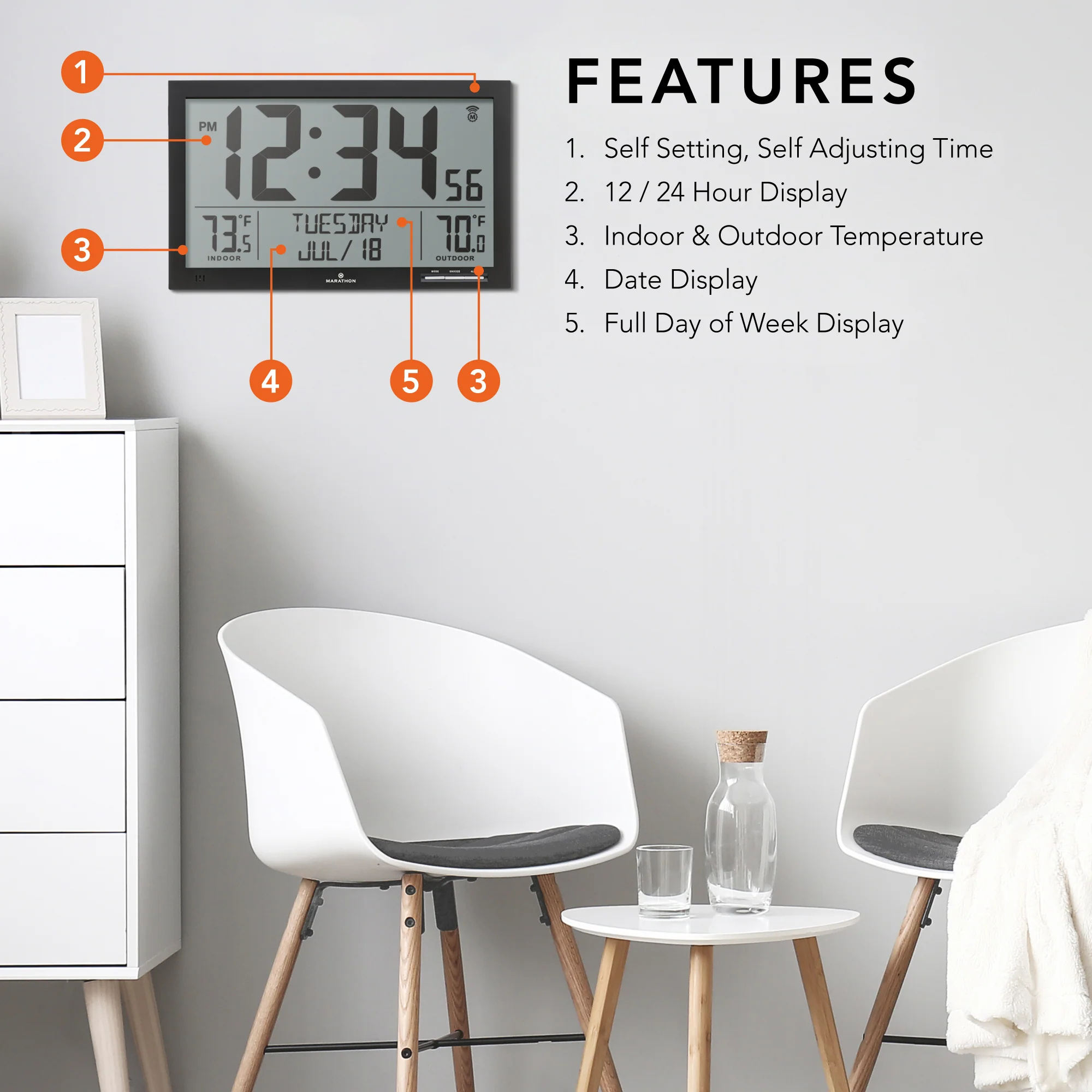 Self-Setting Full Calendar Clock with Extra Large Digits Indoor and Outdoor Temperature - Black 410 Self-Setting Full Calendar Clock with Extra Large Digits Indoor and Outdoor Temperature - Black