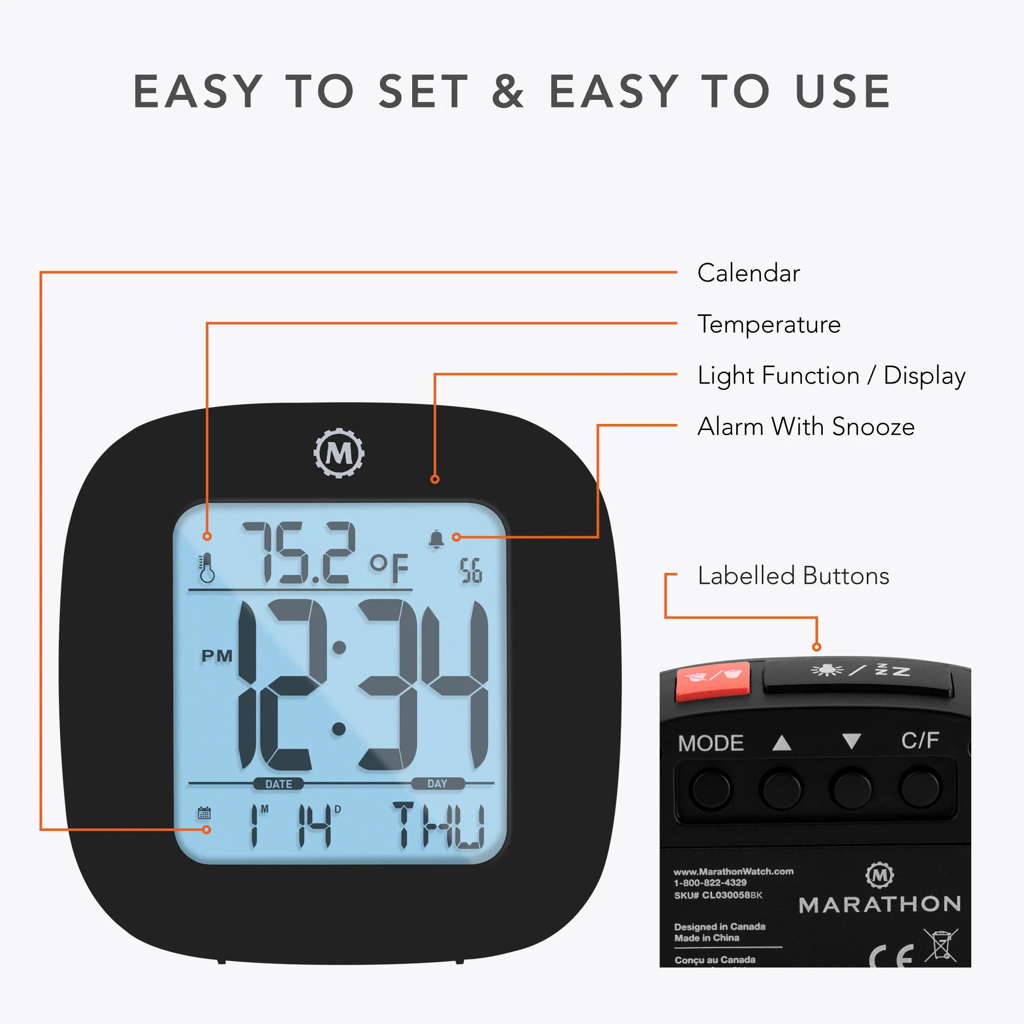Compact Alarm Clock with Temperature and Date - Black