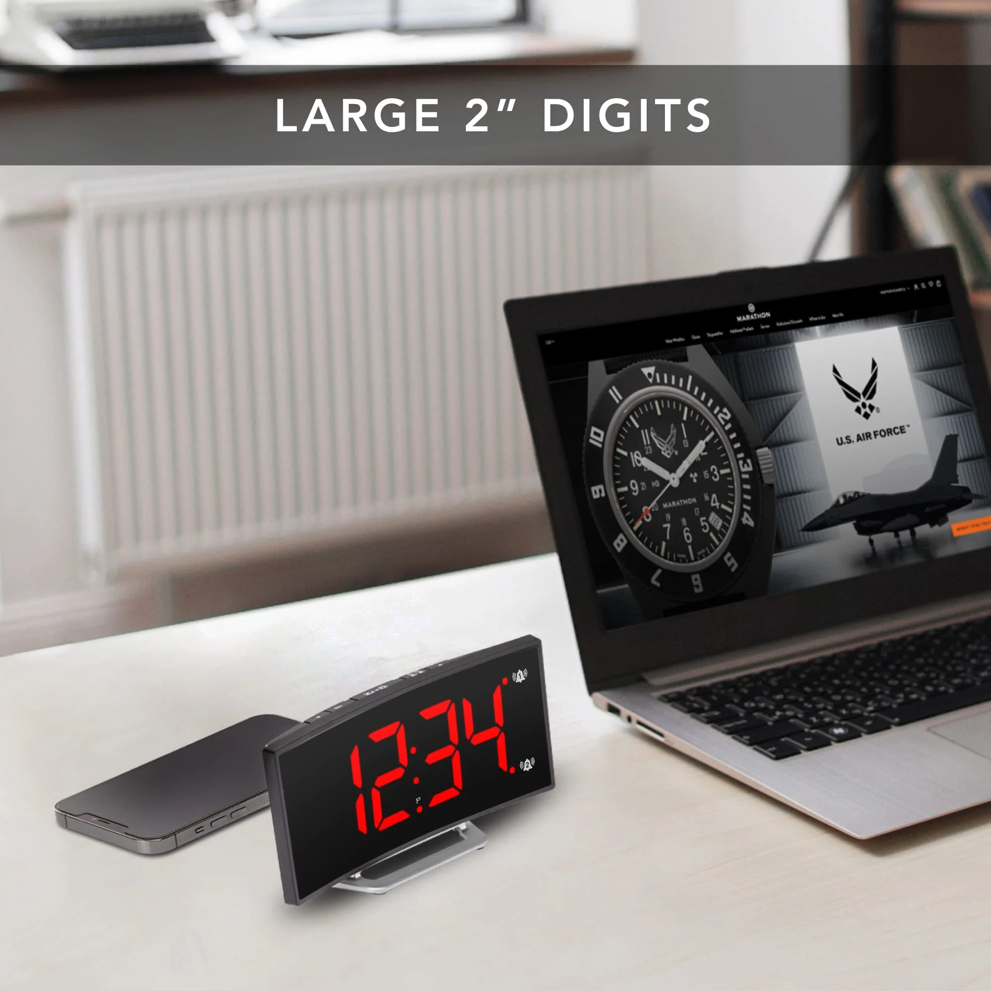 Curved Display LED Clock(Black/Red) with Dual Alarm and USB Charging Port