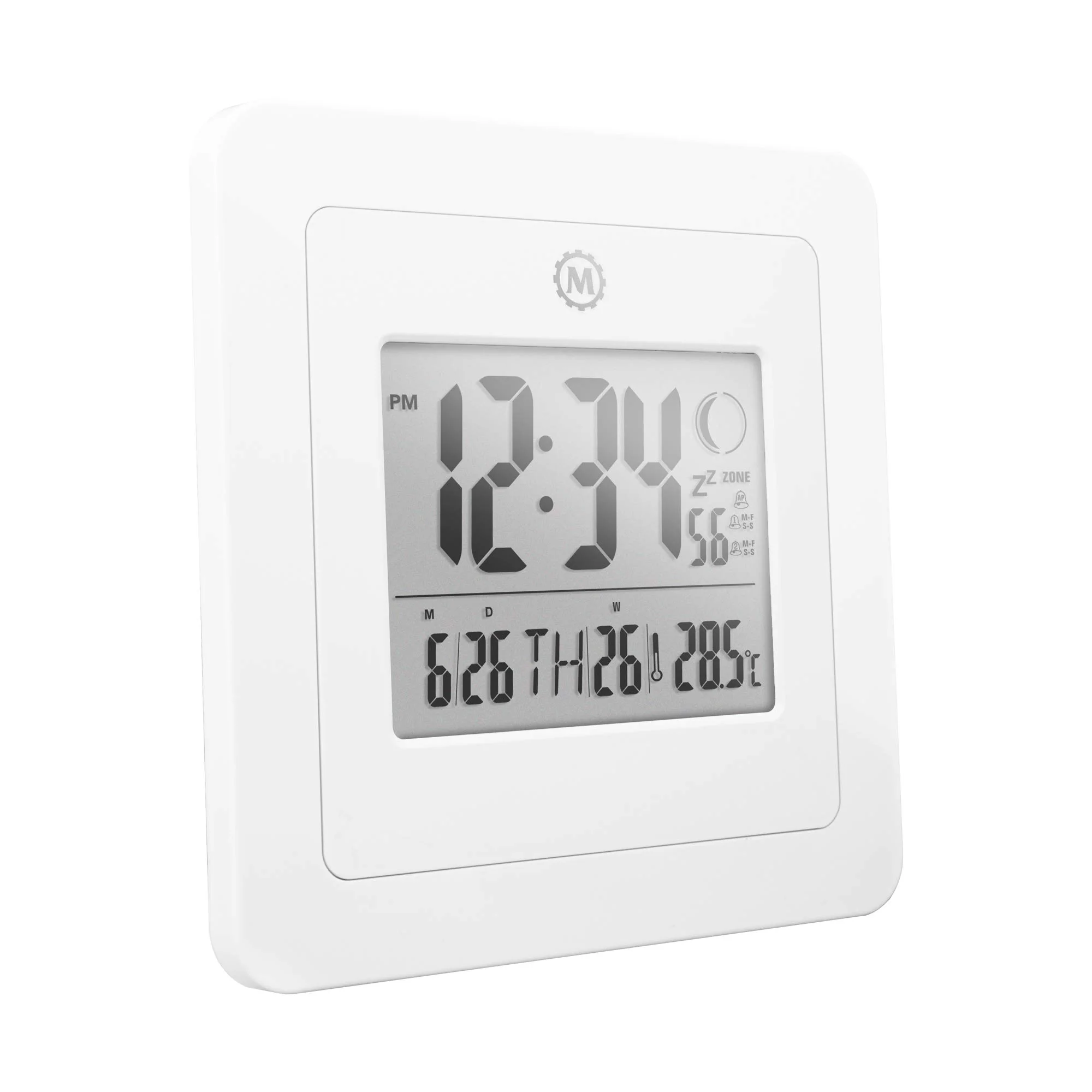 Marathon BASICS Digital Wall Clock with Moon Phase - White