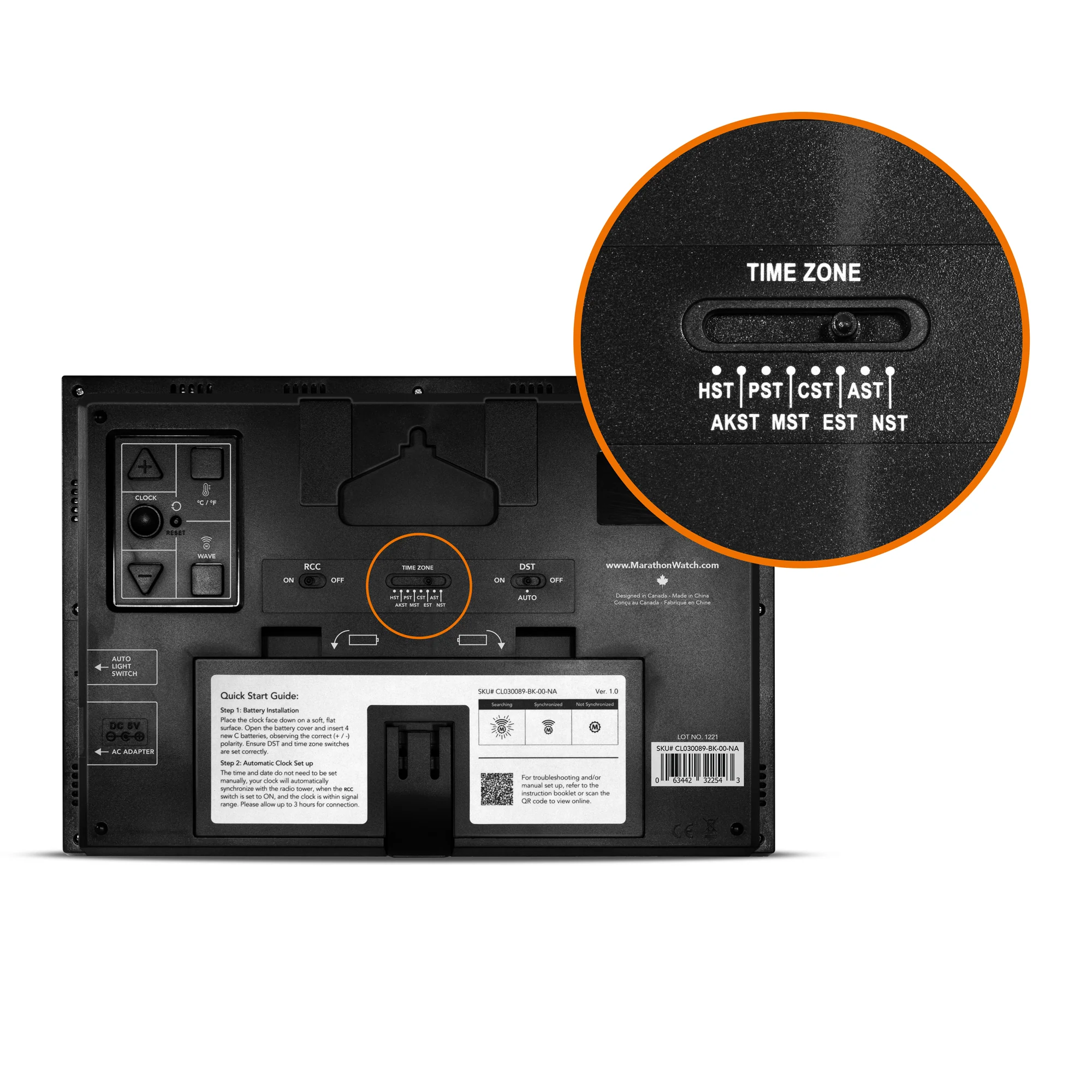 Self-Setting Clock with Auto Backlight and Power Adapter