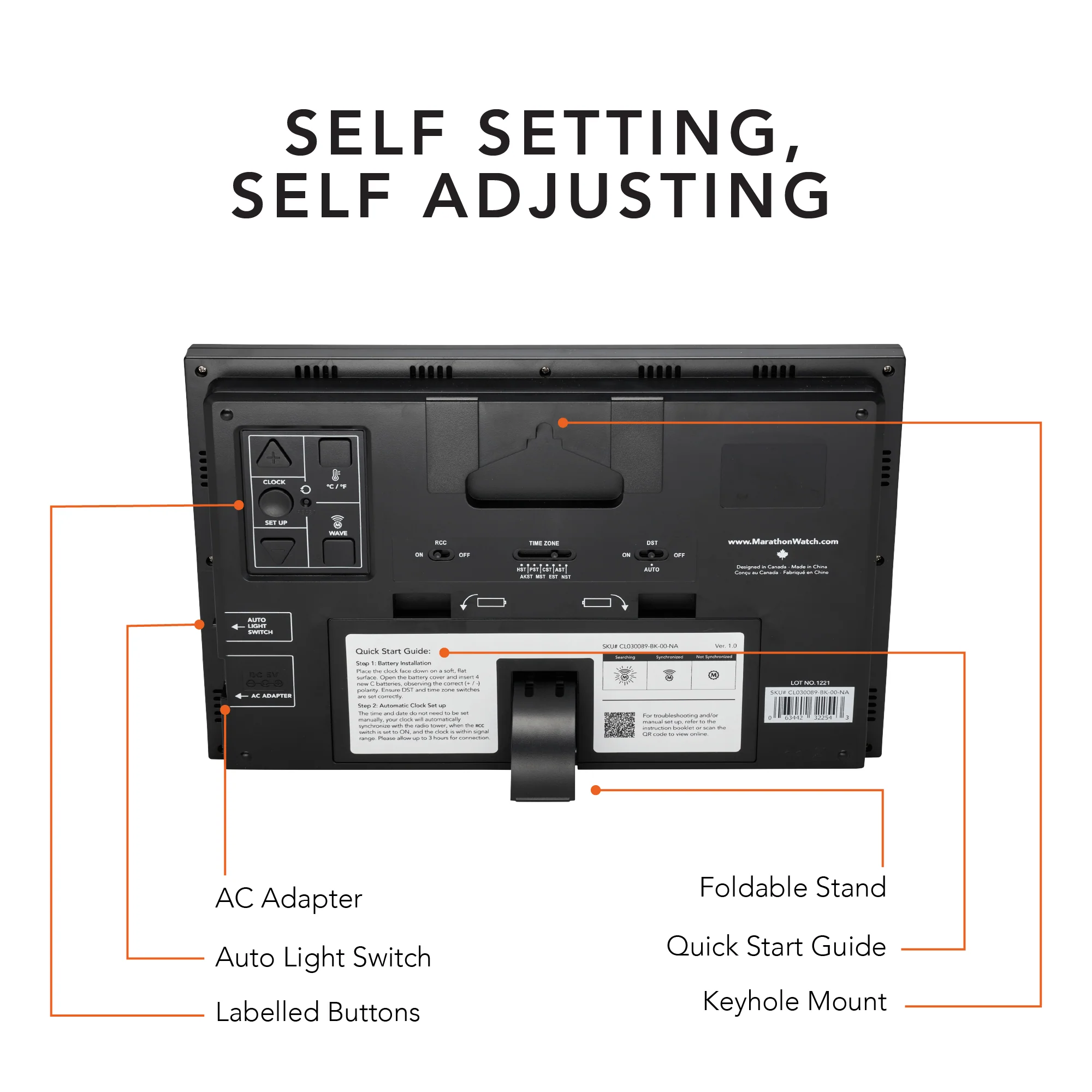 Self-Setting Clock with Auto Backlight and Power Adapter
