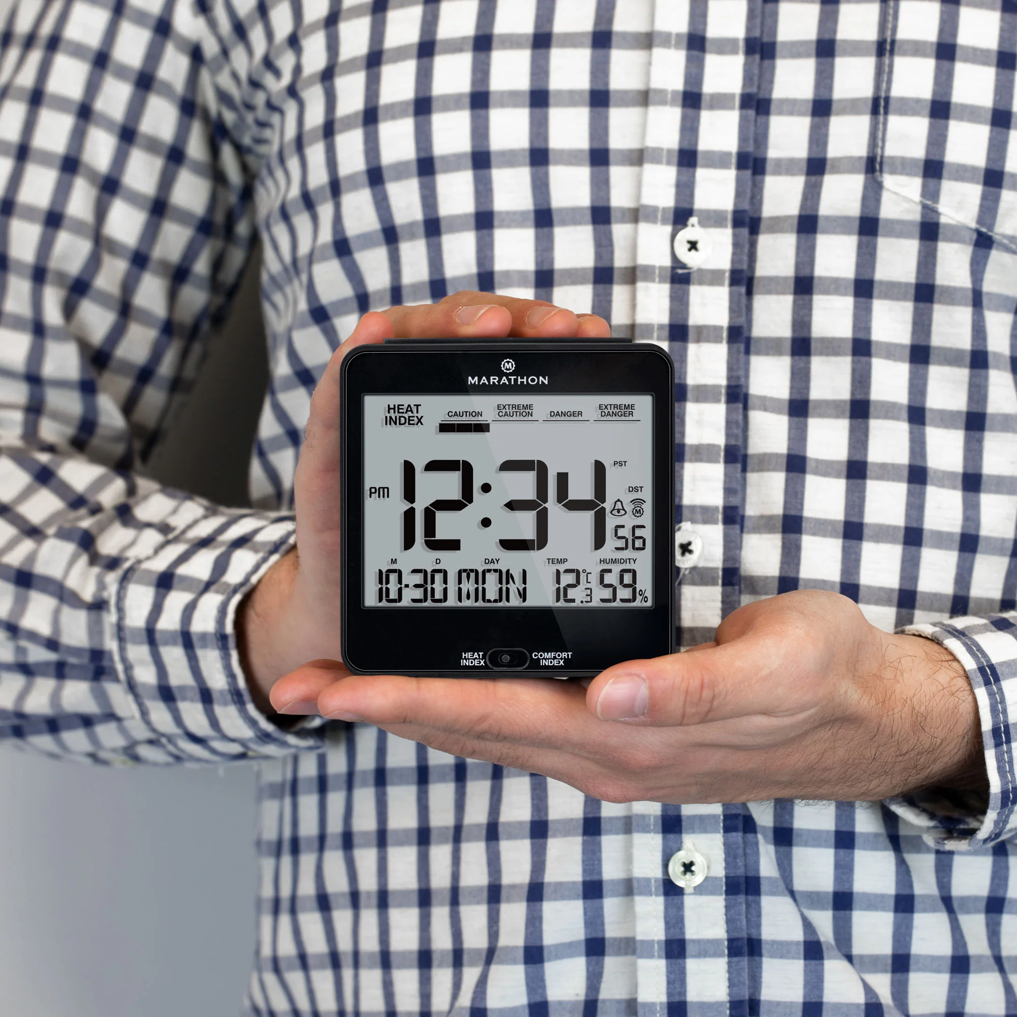 Self-Setting Desk Clock with Backlight, Heat & Comfort Index 10 Self-Setting Desk Clock with Backlight, Heat & Comfort Index