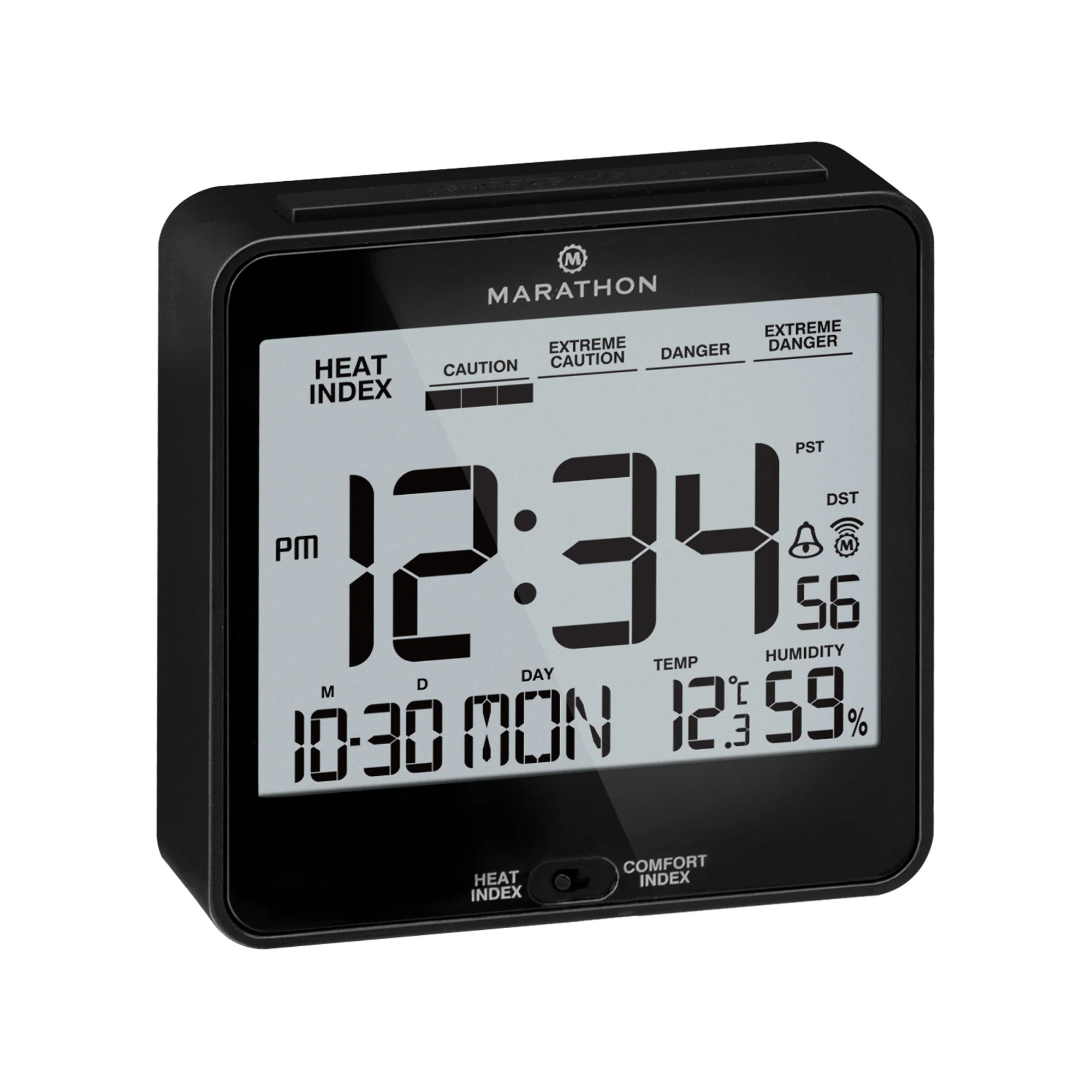 Self-Setting Desk Clock with Backlight, Heat & Comfort Index 16 Self-Setting Desk Clock with Backlight, Heat & Comfort Index