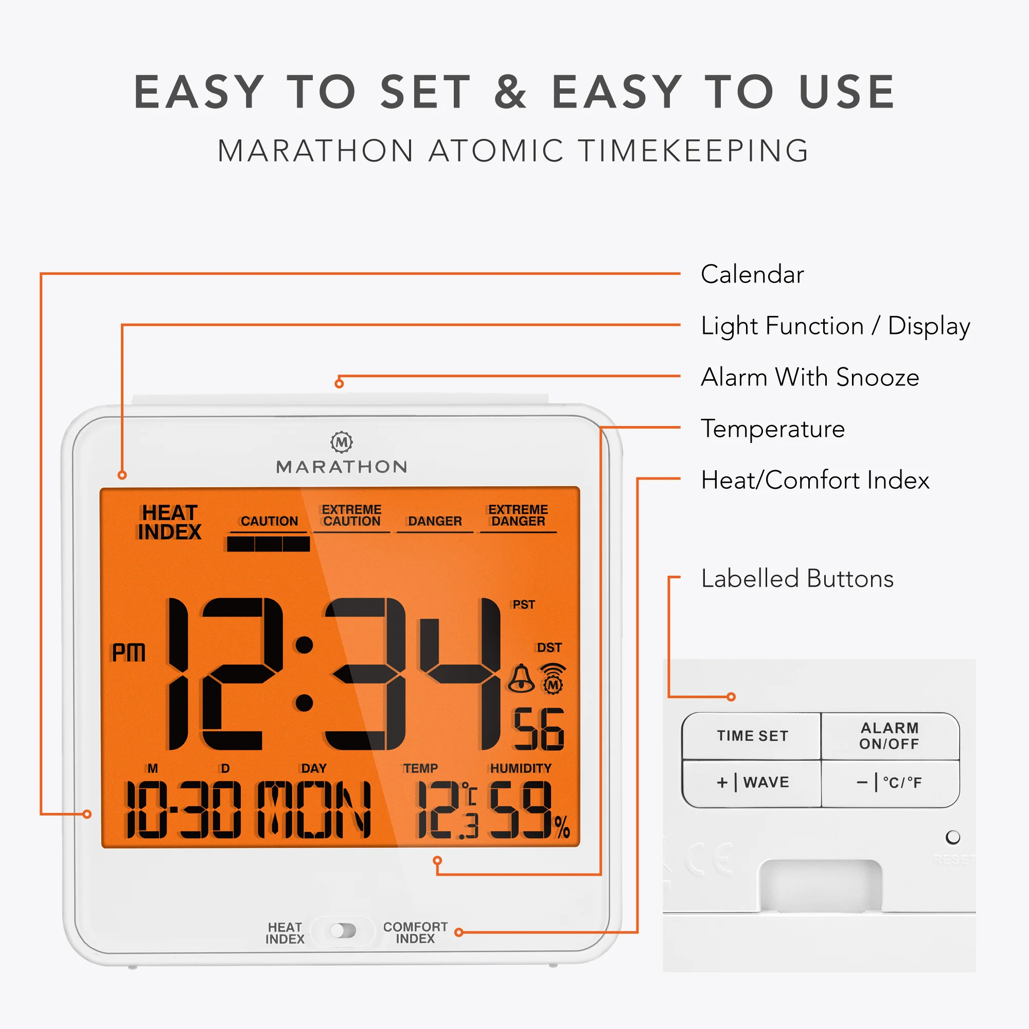 Self-Setting Desk Clock with Backlight, Heat & Comfort Index 34 Self-Setting Desk Clock with Backlight, Heat & Comfort Index