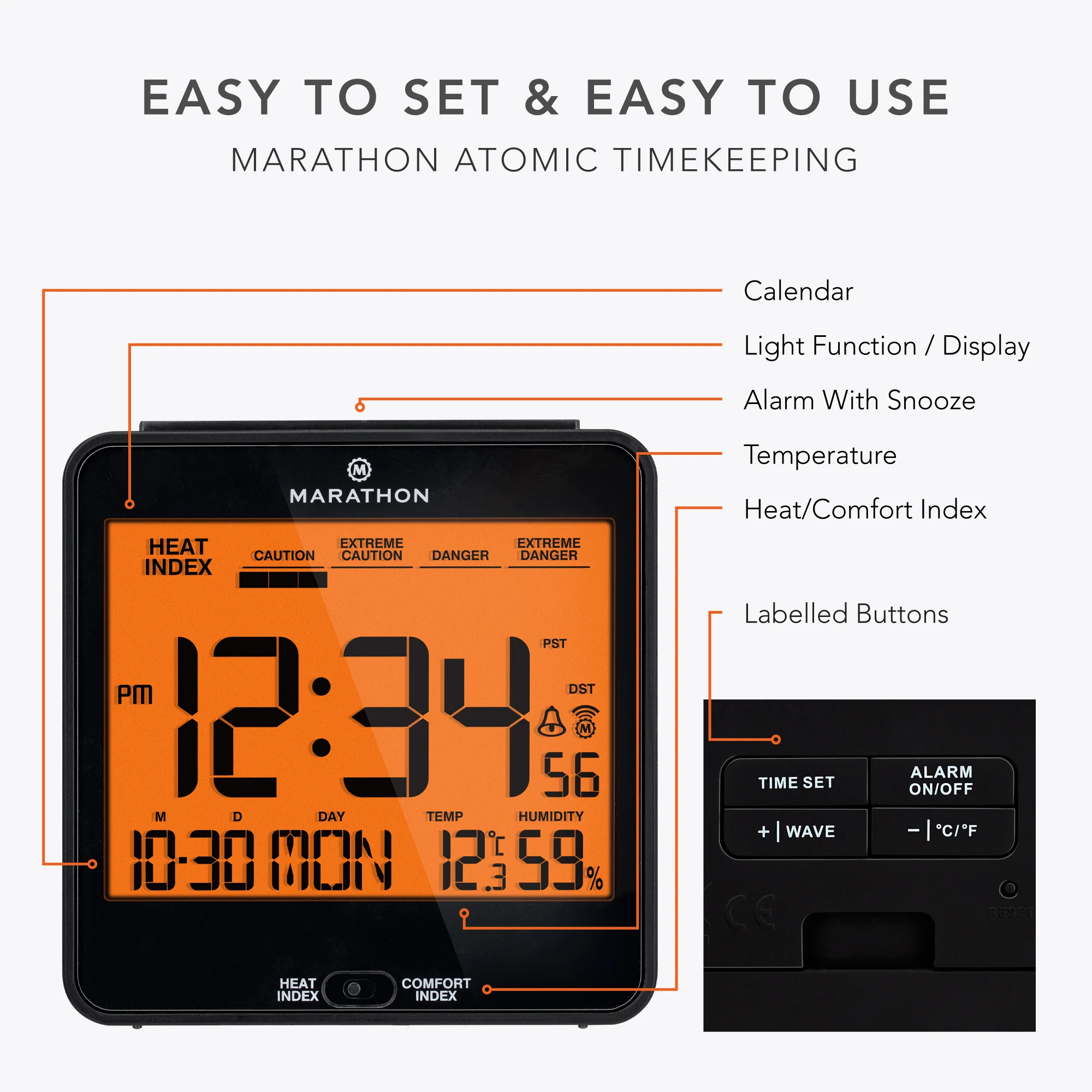 Self-Setting Desk Clock with Backlight, Heat & Comfort Index 39 Self-Setting Desk Clock with Backlight, Heat & Comfort Index