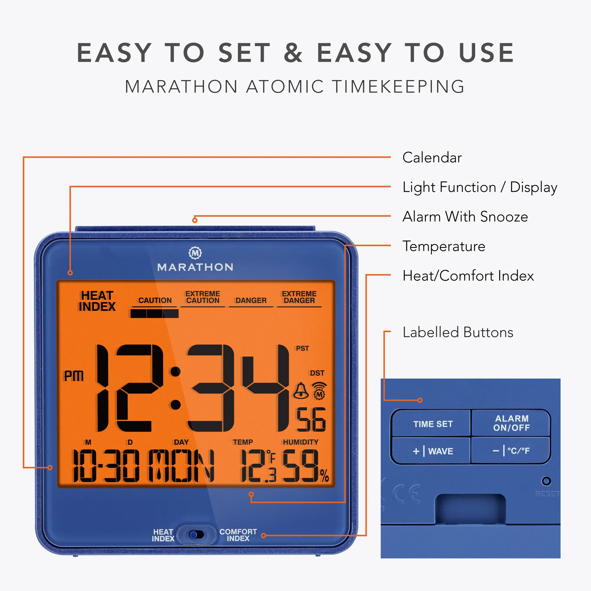 Self-Setting Desk Clock with Backlight, Heat & Comfort Index 54 Self-Setting Desk Clock with Backlight, Heat & Comfort Index