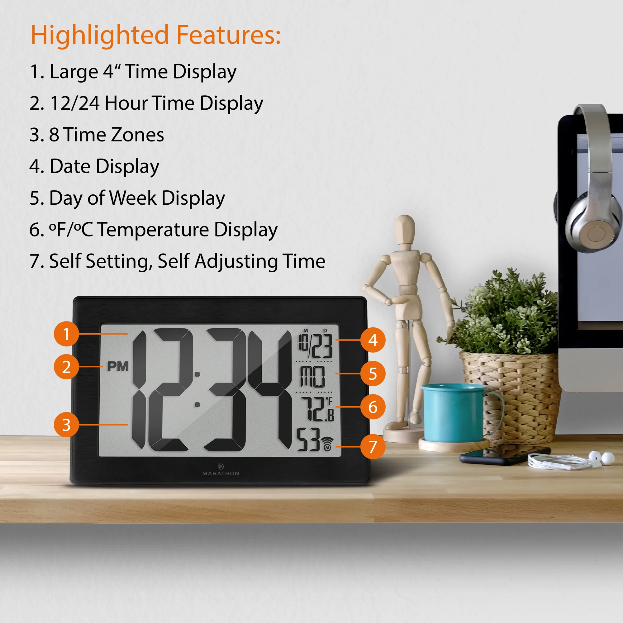 Self-Setting, Self-Adjusting, Wall Clock w/ Stand & 8 Time Zones - Black/Black Stainless Steel 4 Self-Setting, Self-Adjusting, Wall Clock w/ Stand & 8 Time Zones - Black/Black Stainless Steel