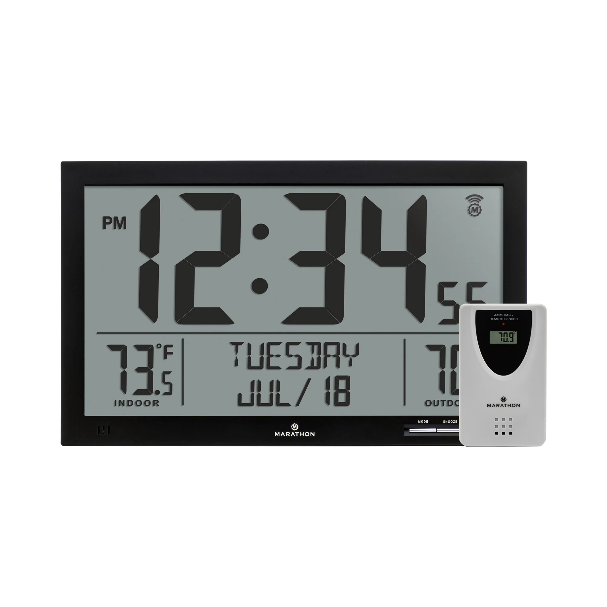Self-Setting Full Calendar Clock with Extra Large Digits Indoor and Outdoor Temperature - Black