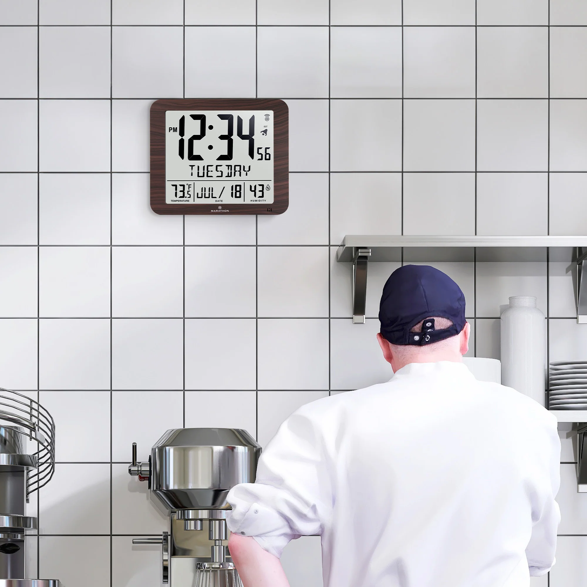Slim Self-Setting Wall Clock with Full Calendar Display, Temperature & Humidity